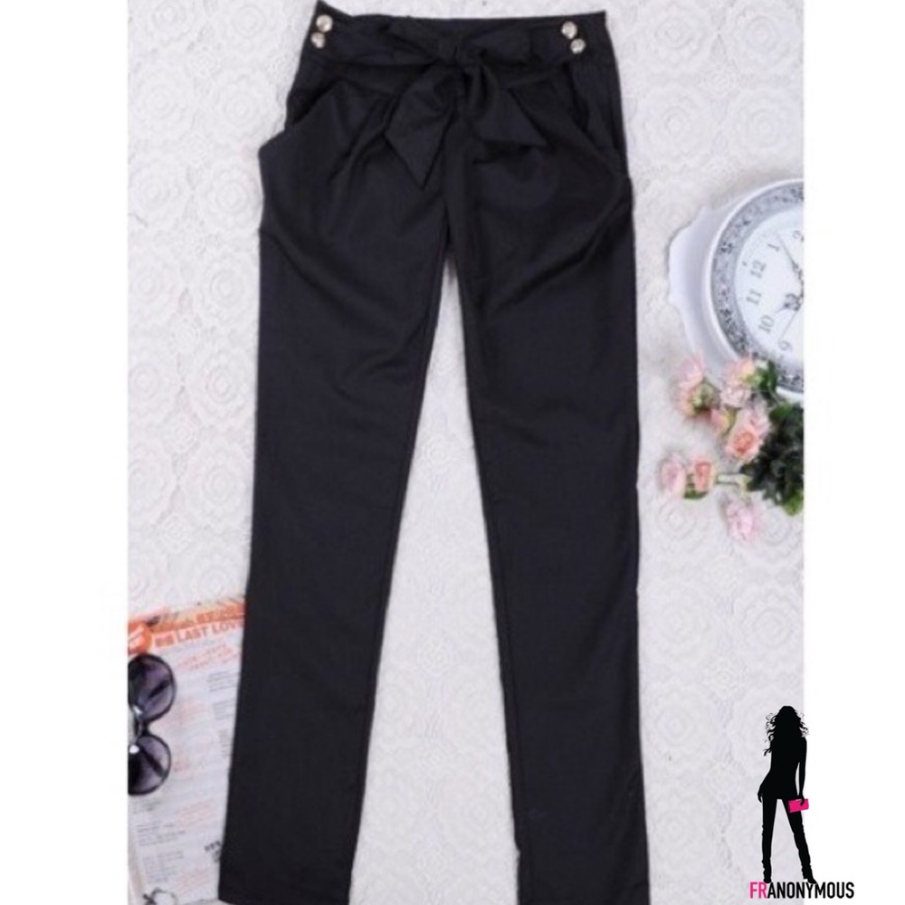 Black Polished Cotton Tie Front Pants - Picture 4 of 4